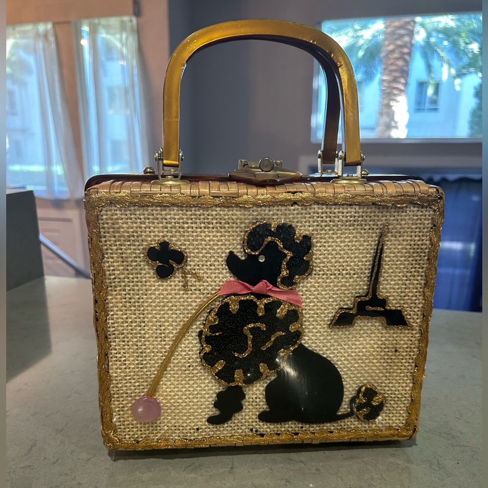 RARE 1950s Parisian poodle rattan bag